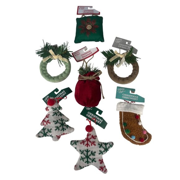 Holiday Style Set Of 7 Christmas Ornaments Knitted Fabric Designs - Picture 2 of 7